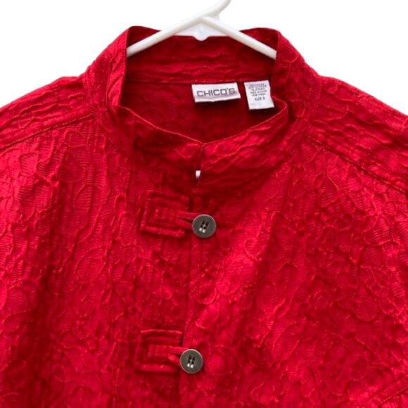 Chico’s Red Jacket Mandarin Style, Textured LS Button Up, Size 3 (XL or 16) - Picture 2 of 9